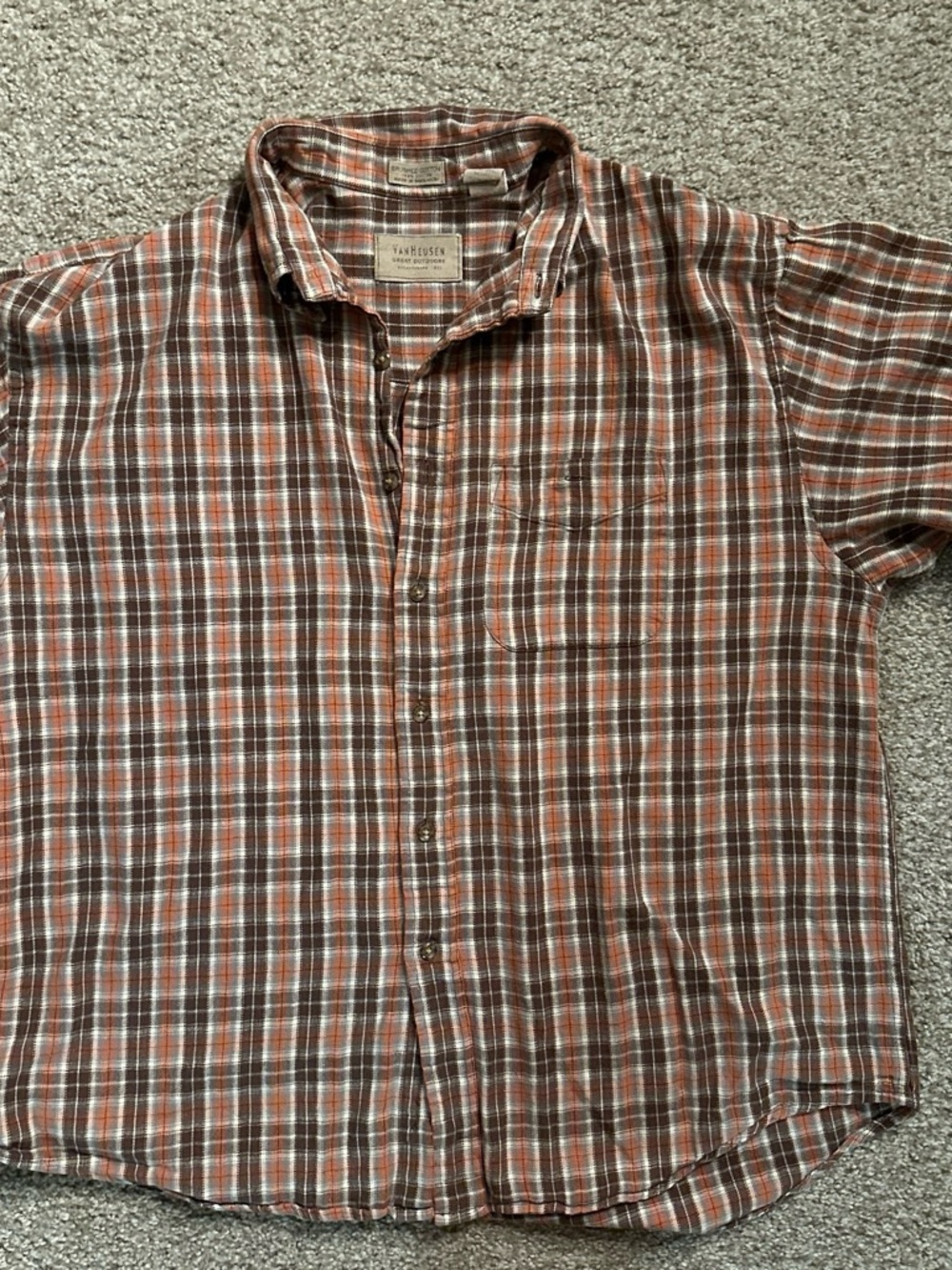 Van Heusen Orange and Brown Plaid Long-Sleeve Button-Down Shirt